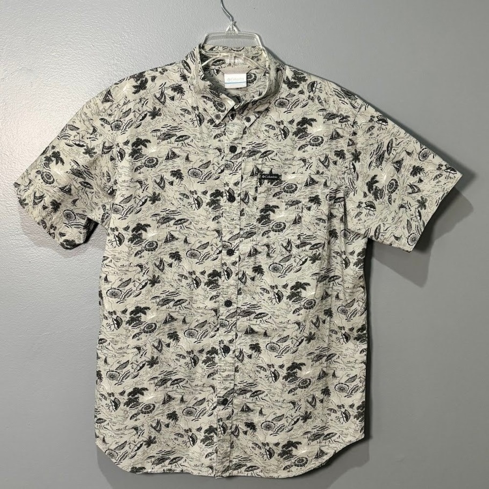 Columbia Shirt Mens M Gray Cotton Beach Print Short Sleeve Button Down Classic